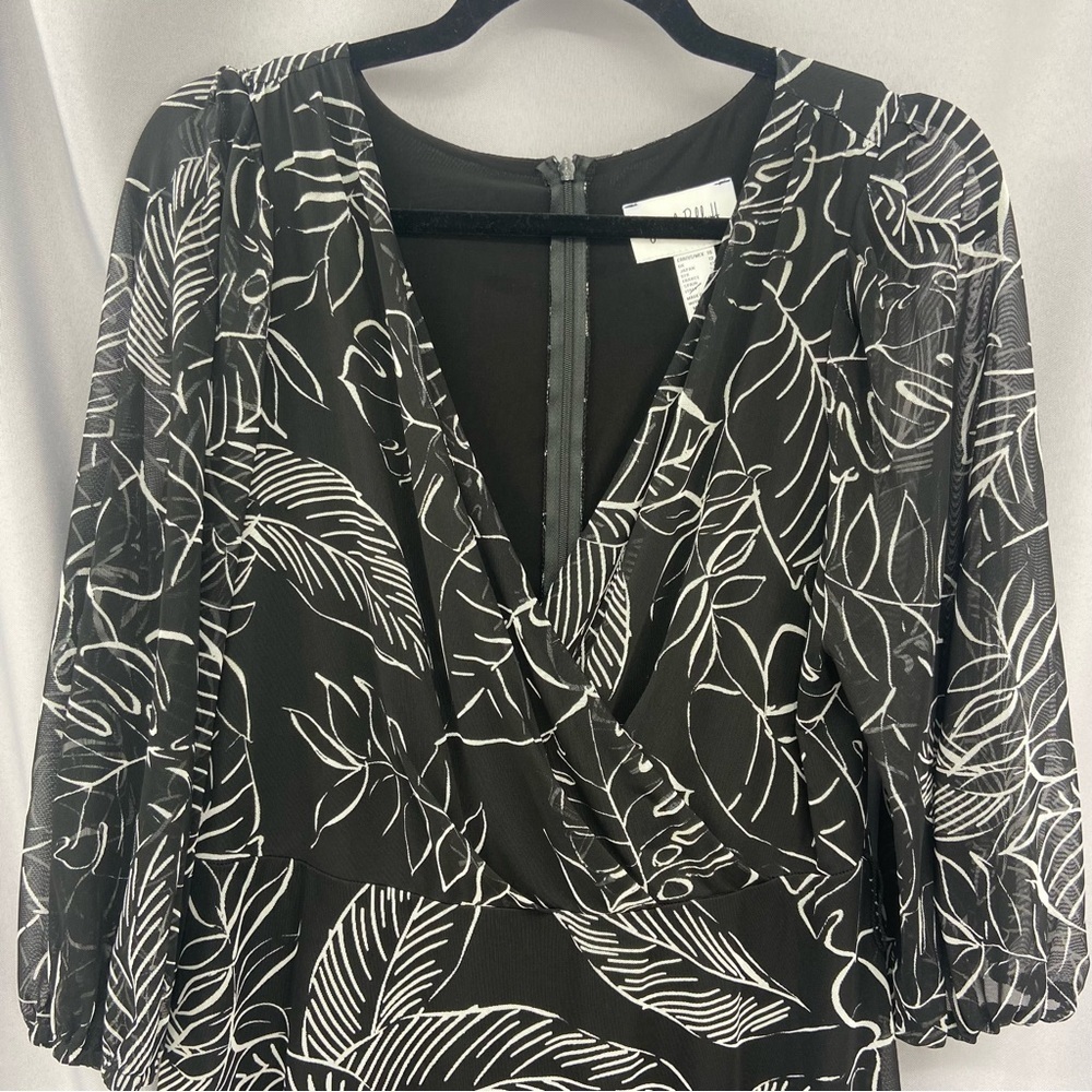 Joseph Ribkoff Surplice Wrap Midi Dress Black and White Palm Tropical Print 10 - Picture 4 of 13